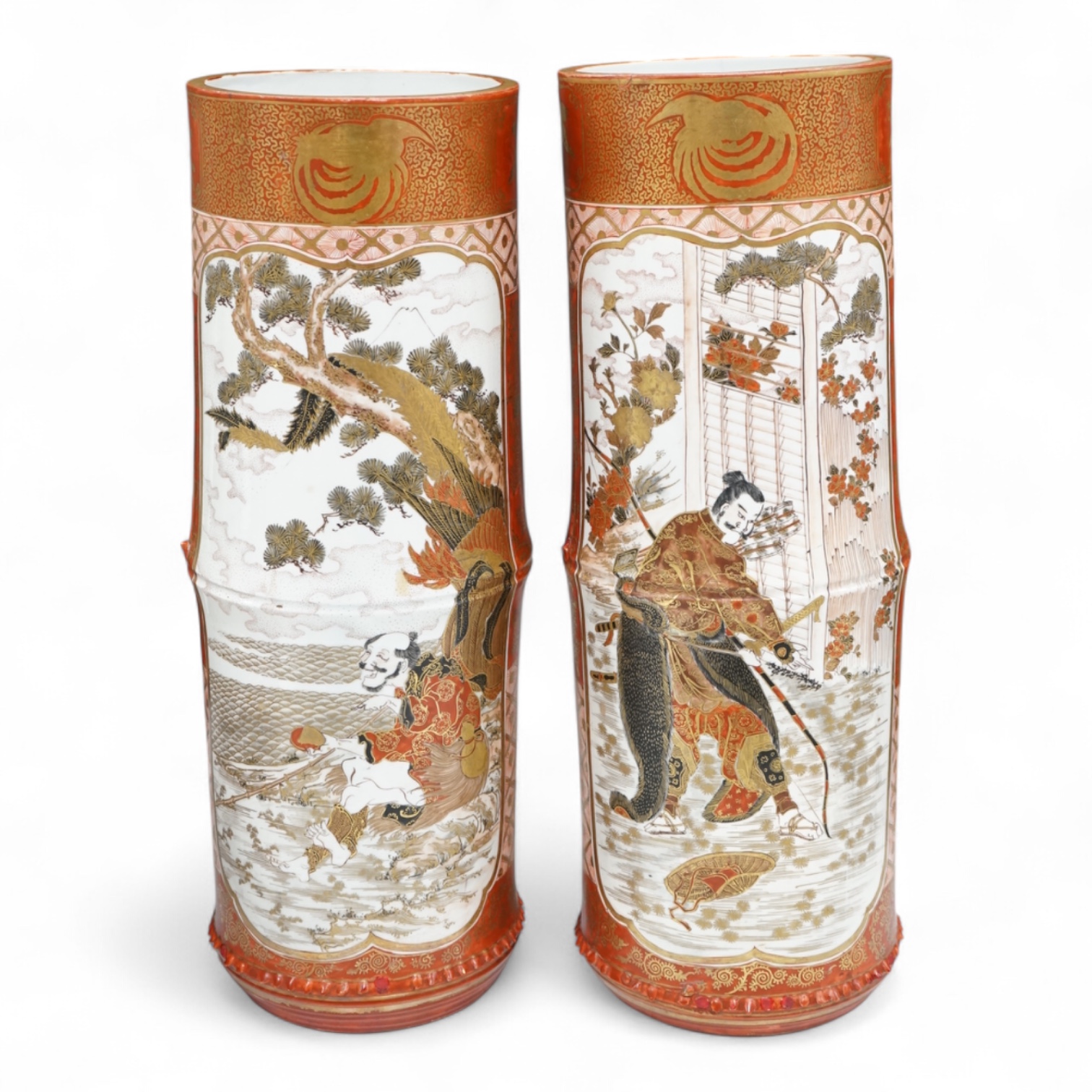 A pair of large Japanese Kutani bamboo shaped vases, Meiji period, 37.5cm high